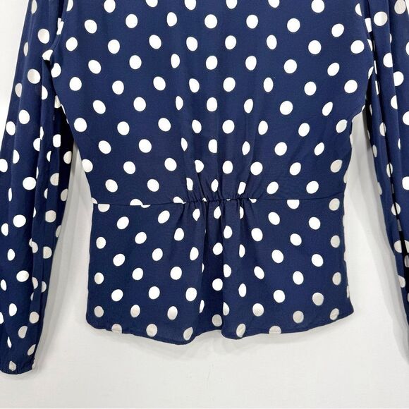 J. Crew Navy Blue White Polka Dot Crepe V Neck Button Front Peplum Blouse - Picture 14 of 16